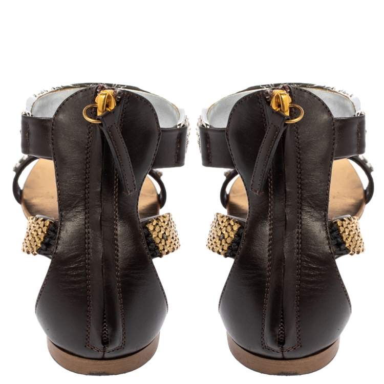 Pre Owned Giuseppe Zanotti Brown Leather Crystal Embellished Ankle Cuff Flat Sandals Size 36