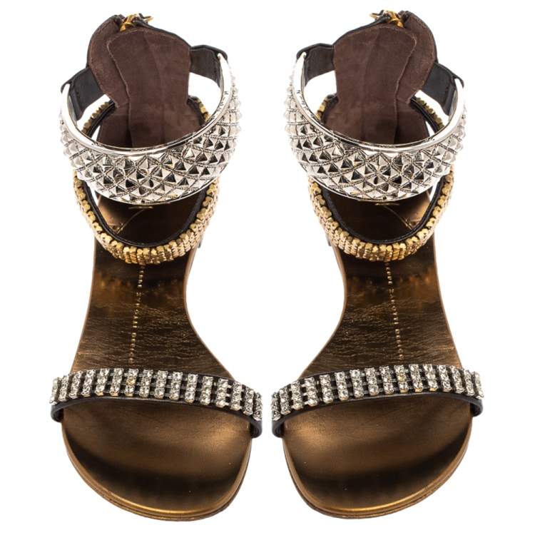 Pre Owned Giuseppe Zanotti Brown Leather Crystal Embellished Ankle Cuff Flat Sandals Size 36