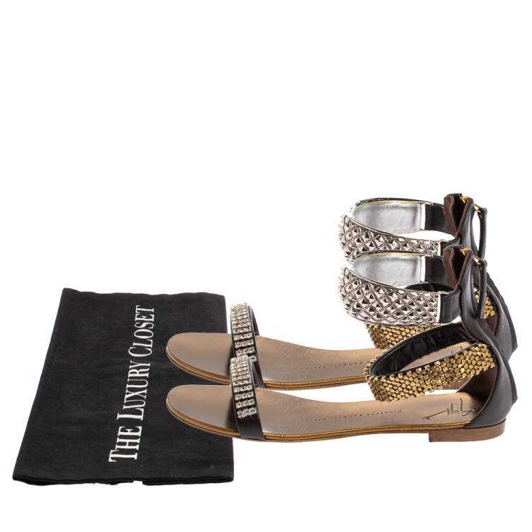 Pre Owned Giuseppe Zanotti Brown Leather Crystal Embellished Ankle Cuff Flat Sandals Size 36
