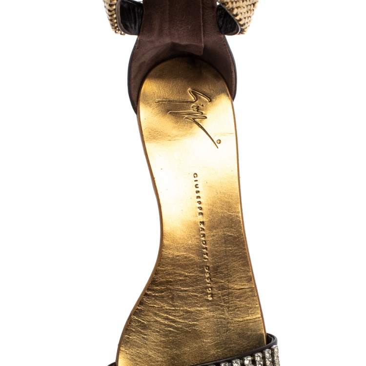 Pre Owned Giuseppe Zanotti Brown Leather Crystal Embellished Ankle Cuff Flat Sandals Size 36