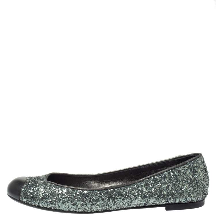 Pre Owned  Giuseppe Zanotti Grey Glitter Fabric Cap Toe Ballet Flats Size 35
