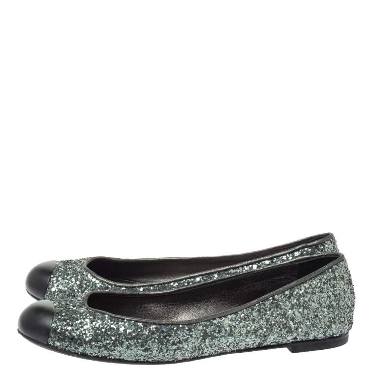 Pre Owned  Giuseppe Zanotti Grey Glitter Fabric Cap Toe Ballet Flats Size 35