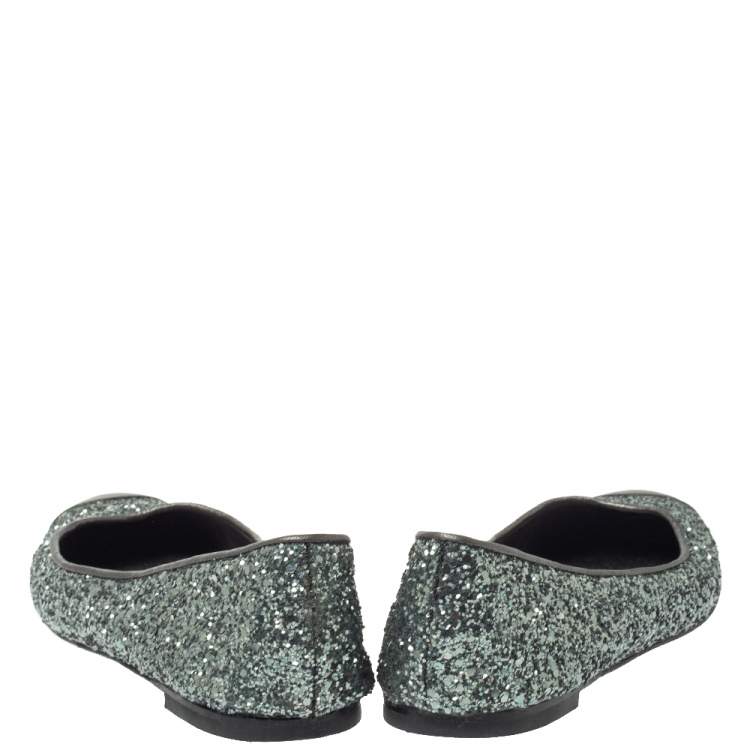 Pre Owned  Giuseppe Zanotti Grey Glitter Fabric Cap Toe Ballet Flats Size 35