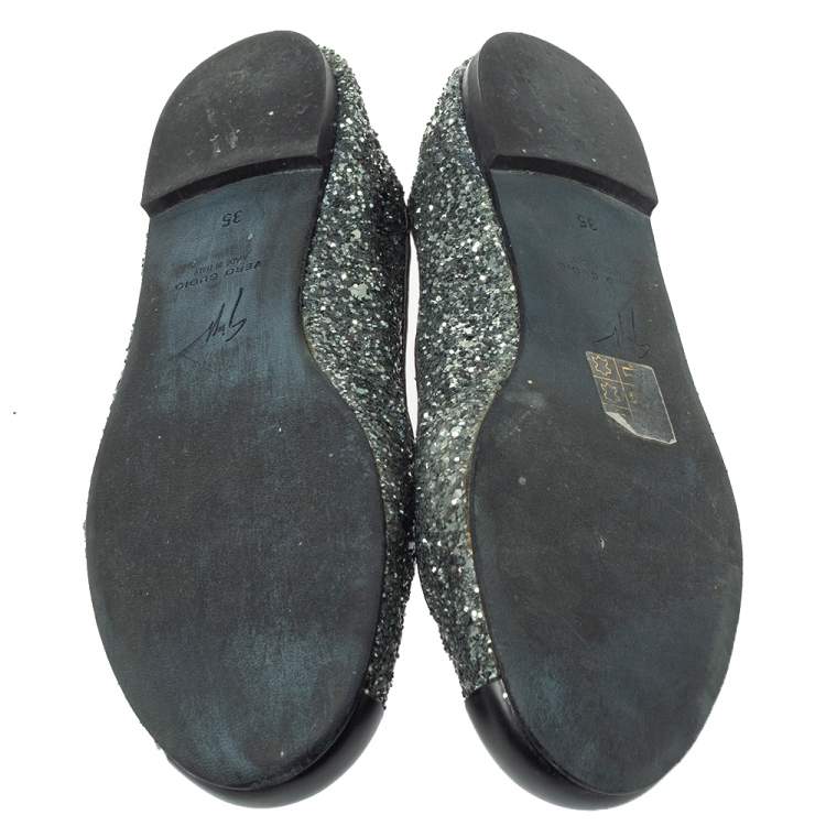 Pre Owned  Giuseppe Zanotti Grey Glitter Fabric Cap Toe Ballet Flats Size 35