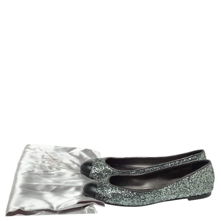 Pre Owned  Giuseppe Zanotti Grey Glitter Fabric Cap Toe Ballet Flats Size 35