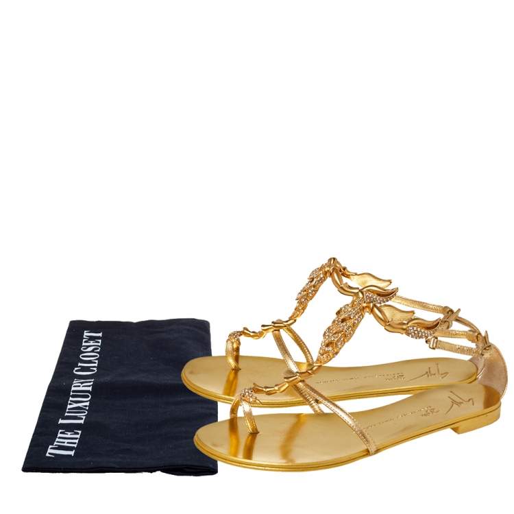 Pre Owned Giuseppe Zanotti Metallic Gold Leather Scorpion Crystal Embellished Flat Sandals Size 36.5