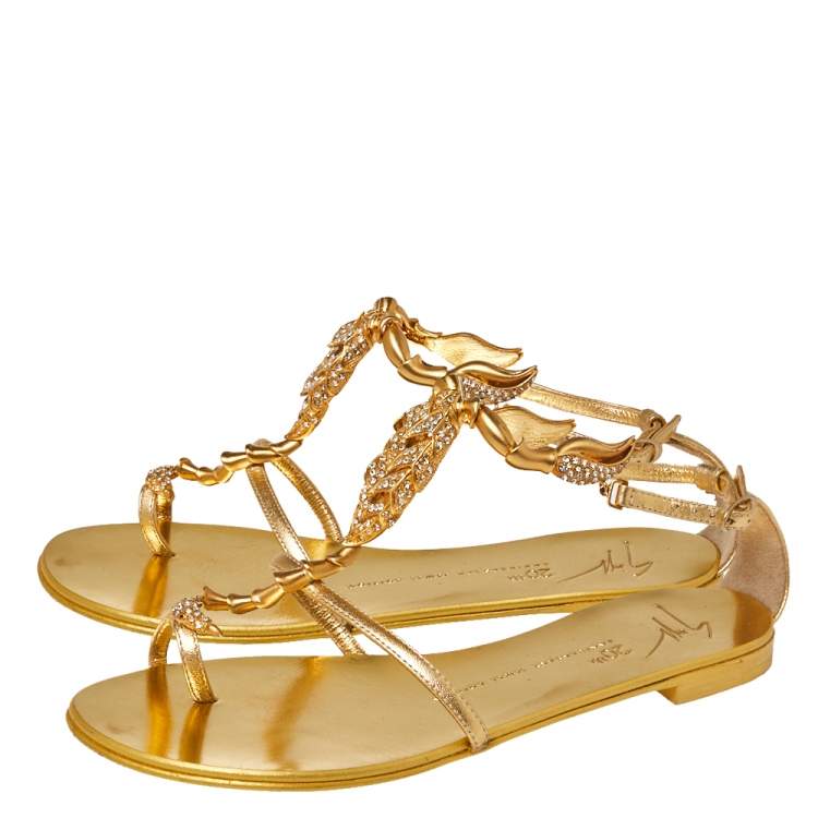 Pre Owned Giuseppe Zanotti Metallic Gold Leather Scorpion Crystal Embellished Flat Sandals Size 36.5