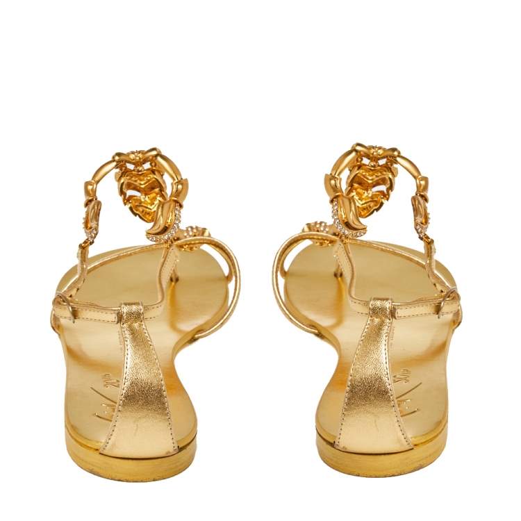 Pre Owned Giuseppe Zanotti Metallic Gold Leather Scorpion Crystal Embellished Flat Sandals Size 36.5