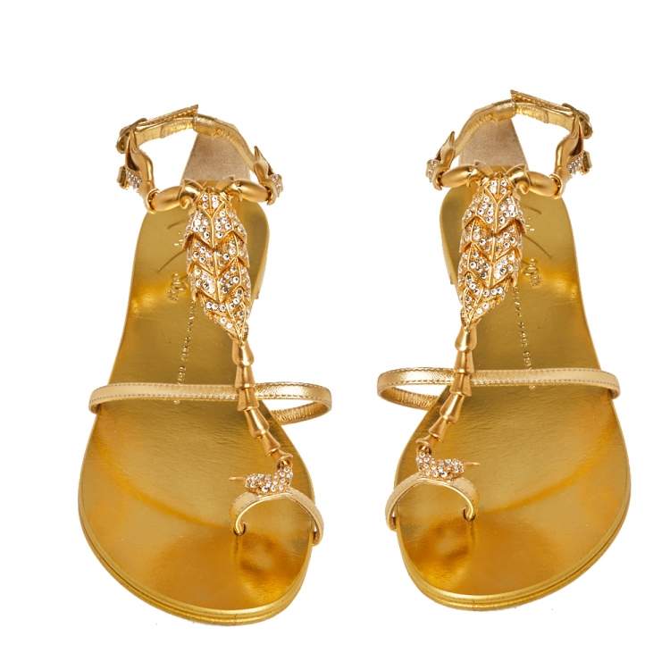 Pre Owned Giuseppe Zanotti Metallic Gold Leather Scorpion Crystal Embellished Flat Sandals Size 36.5