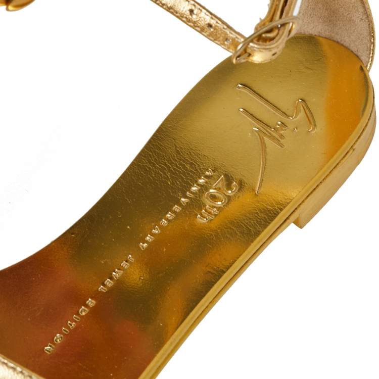 Pre Owned Giuseppe Zanotti Metallic Gold Leather Scorpion Crystal Embellished Flat Sandals Size 36.5