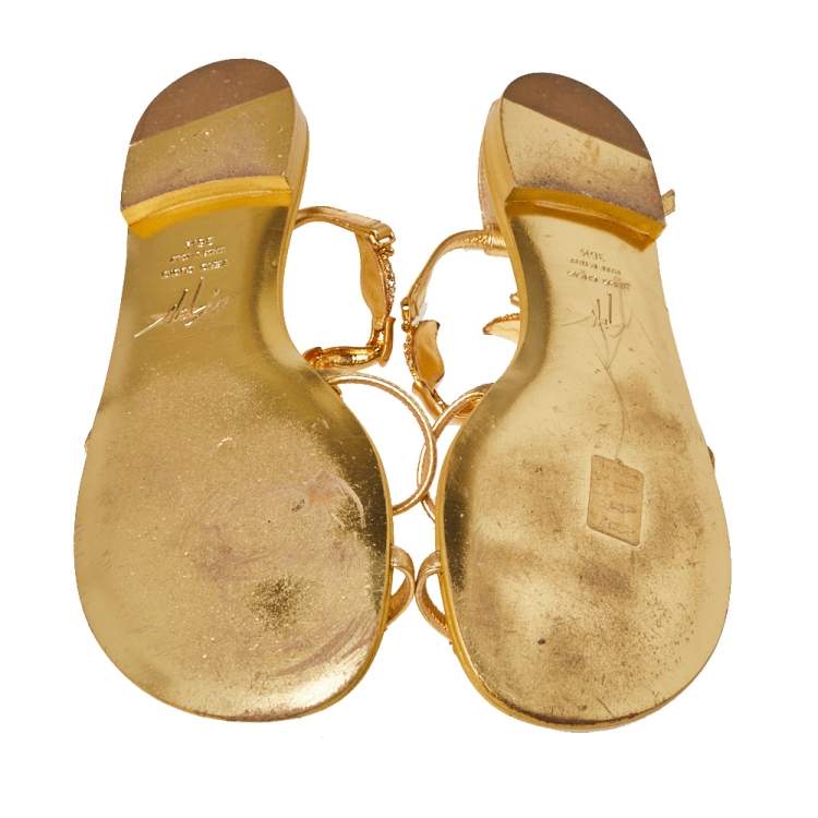 Pre Owned Giuseppe Zanotti Metallic Gold Leather Scorpion Crystal Embellished Flat Sandals Size 36.5