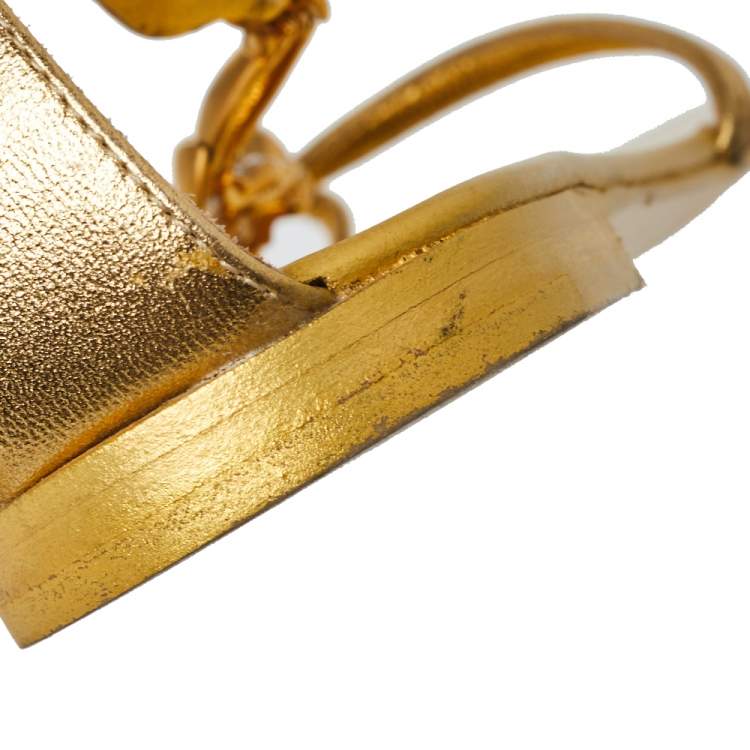 Pre Owned Giuseppe Zanotti Metallic Gold Leather Scorpion Crystal Embellished Flat Sandals Size 36.5
