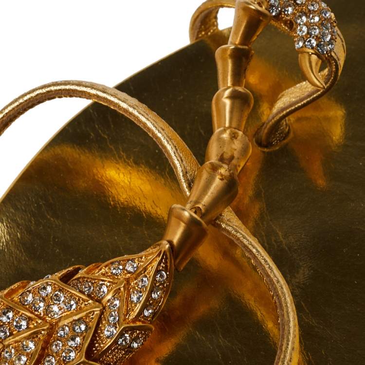 Pre Owned Giuseppe Zanotti Metallic Gold Leather Scorpion Crystal Embellished Flat Sandals Size 36.5