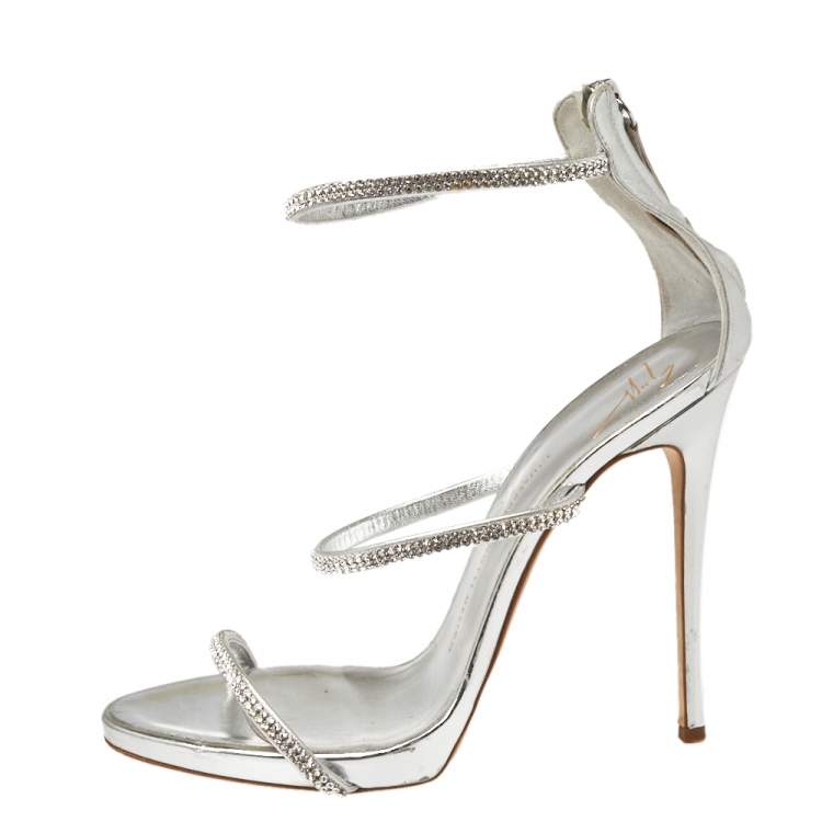 Pre Owned Giuseppe Zanotti Metallic Silver Leather Crystal Embellished Harmony Ankle Strap Sandals Size 41