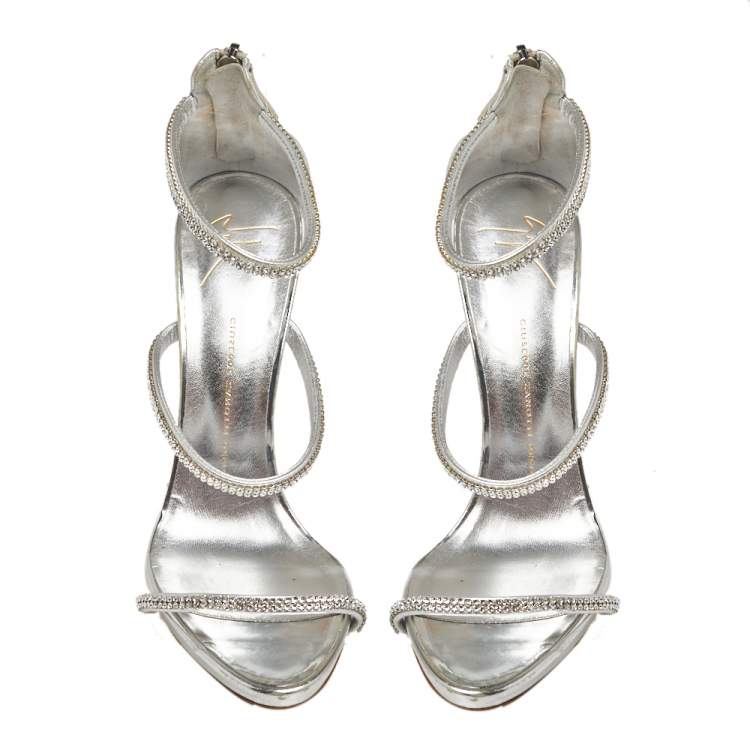Pre Owned Giuseppe Zanotti Metallic Silver Leather Crystal Embellished Harmony Ankle Strap Sandals Size 41