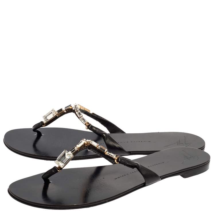 Pre Owned Giuseppe Zanotti Black Leather Jewel Embellished Thong Flat Sandals Size 38