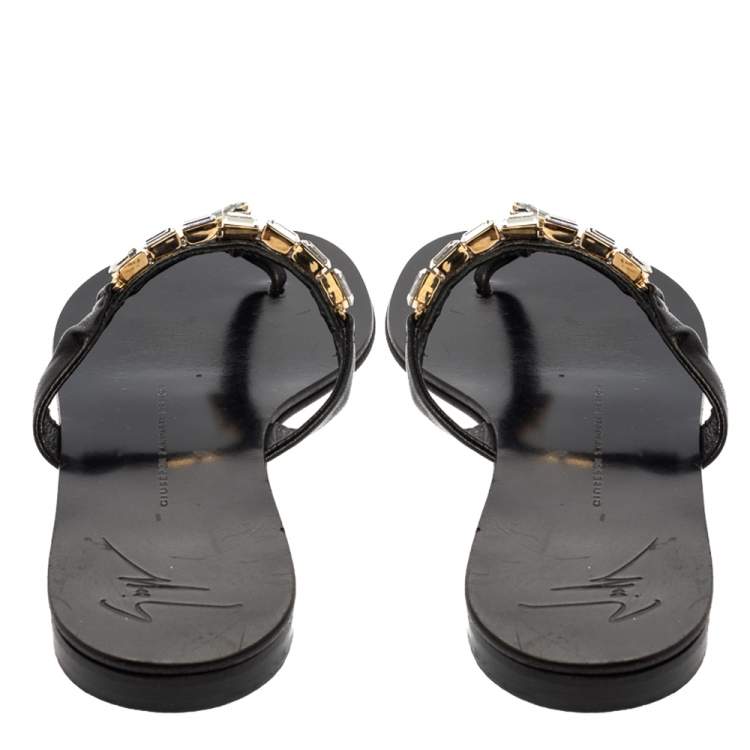 Pre Owned Giuseppe Zanotti Black Leather Jewel Embellished Thong Flat Sandals Size 38