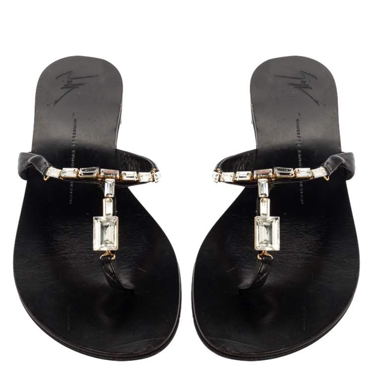 Pre Owned Giuseppe Zanotti Black Leather Jewel Embellished Thong Flat Sandals Size 38