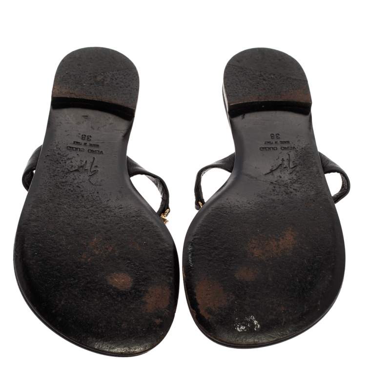 Pre Owned Giuseppe Zanotti Black Leather Jewel Embellished Thong Flat Sandals Size 38