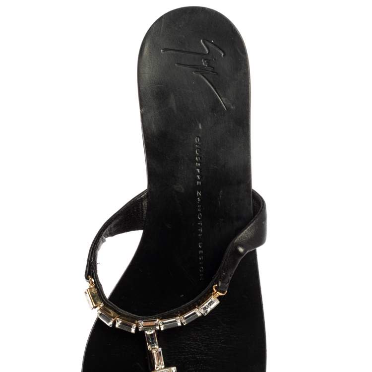 Pre Owned Giuseppe Zanotti Black Leather Jewel Embellished Thong Flat Sandals Size 38