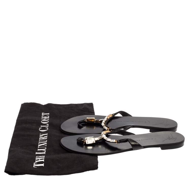 Pre Owned Giuseppe Zanotti Black Leather Jewel Embellished Thong Flat Sandals Size 38