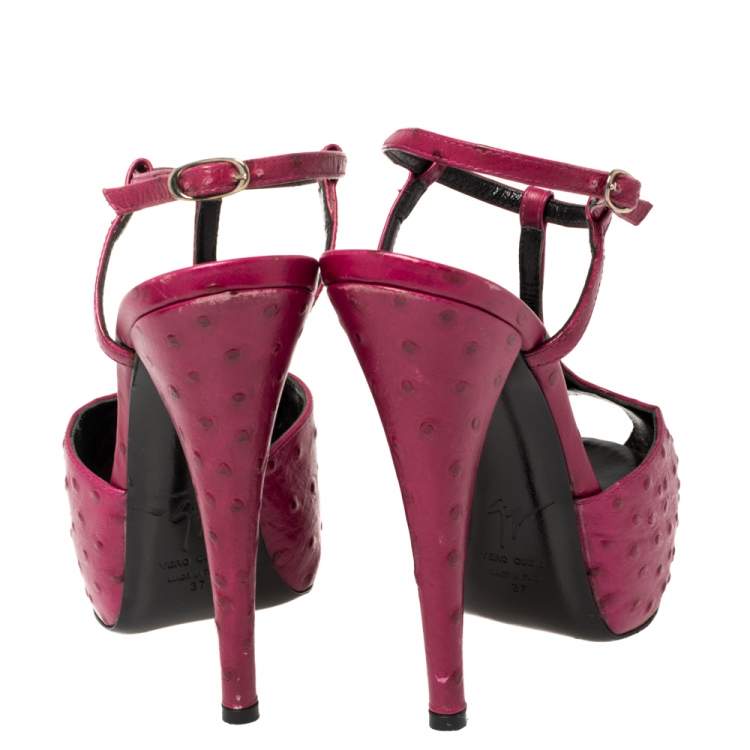 Pre Owned Giuseppe Zanotti Fuchsia Ostrich Embossed Leather  Peep Toe Platform Sandals 37