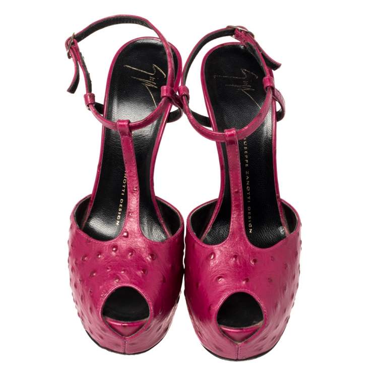 Pre Owned Giuseppe Zanotti Fuchsia Ostrich Embossed Leather  Peep Toe Platform Sandals 37
