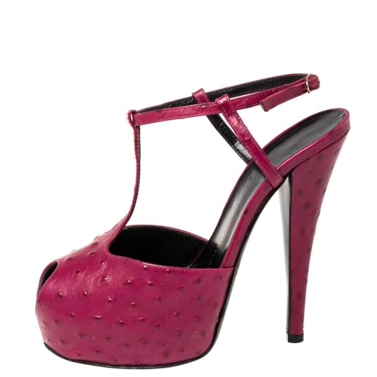 Pre Owned Giuseppe Zanotti Fuchsia Ostrich Embossed Leather  Peep Toe Platform Sandals 37