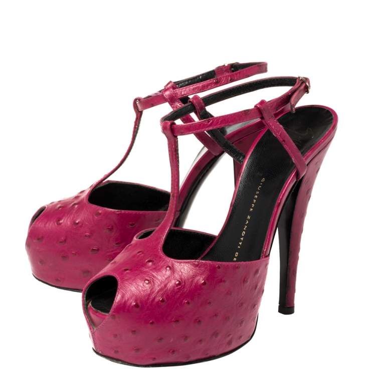 Pre Owned Giuseppe Zanotti Fuchsia Ostrich Embossed Leather  Peep Toe Platform Sandals 37