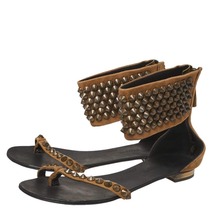 Pre Owned Giuseppe Zanotti Brown Suede Leather Studded Toe Ring Sandals Size 38.5 