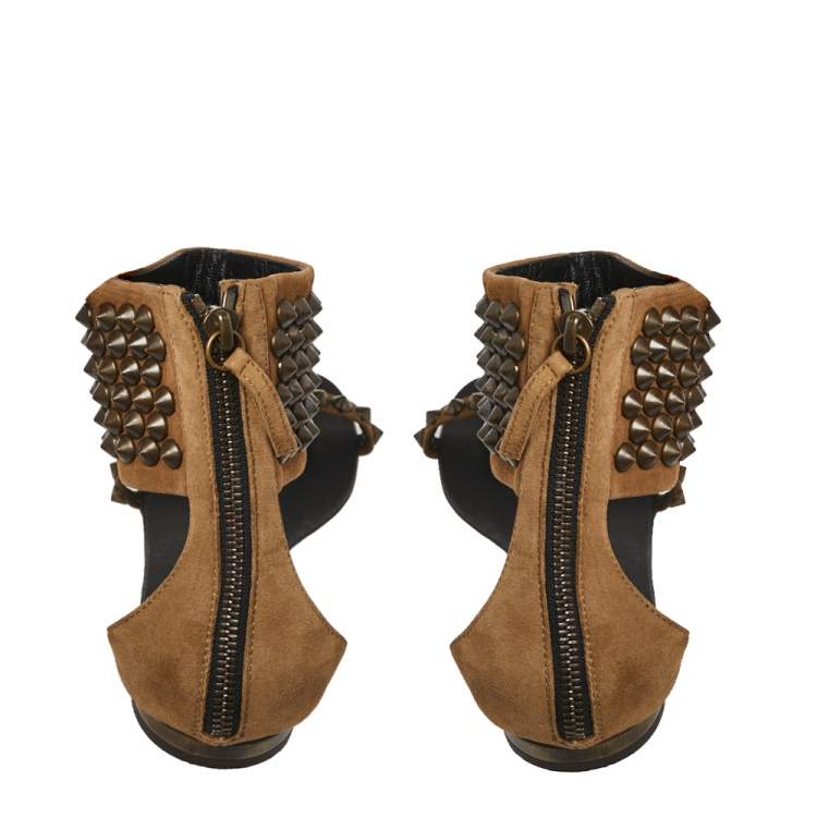 Pre Owned Giuseppe Zanotti Brown Suede Leather Studded Toe Ring Sandals Size 38.5 
