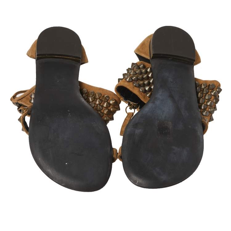 Pre Owned Giuseppe Zanotti Brown Suede Leather Studded Toe Ring Sandals Size 38.5 