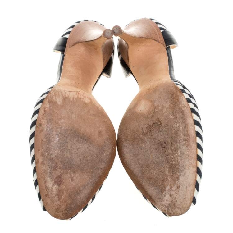 Pre Owned Giuseppe Zanotti Black/White Stripe Canvas And Leather Crystal Embellished D' Orsay Pumps Size 39