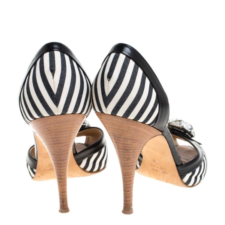 Pre Owned Giuseppe Zanotti Black/White Stripe Canvas And Leather Crystal Embellished D' Orsay Pumps Size 39
