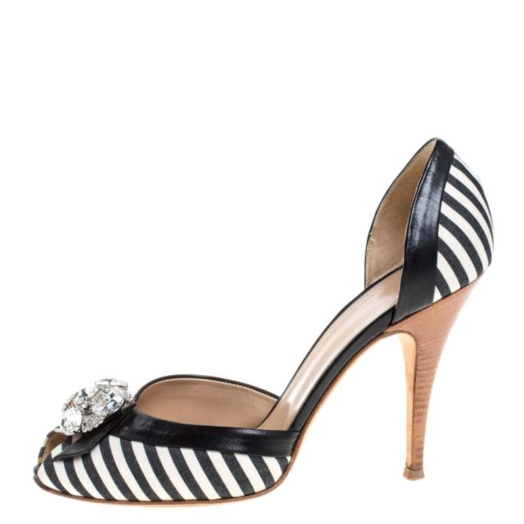 Pre Owned Giuseppe Zanotti Black/White Stripe Canvas And Leather Crystal Embellished D' Orsay Pumps Size 39