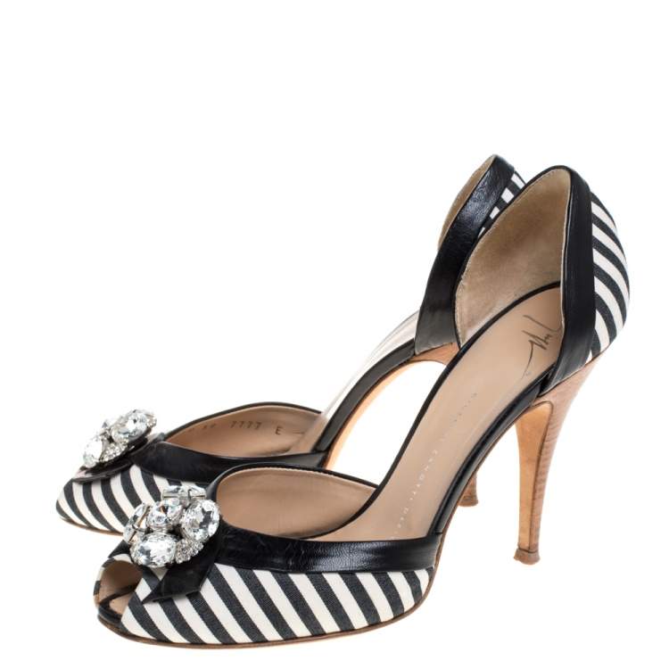 Pre Owned Giuseppe Zanotti Black/White Stripe Canvas And Leather Crystal Embellished D' Orsay Pumps Size 39