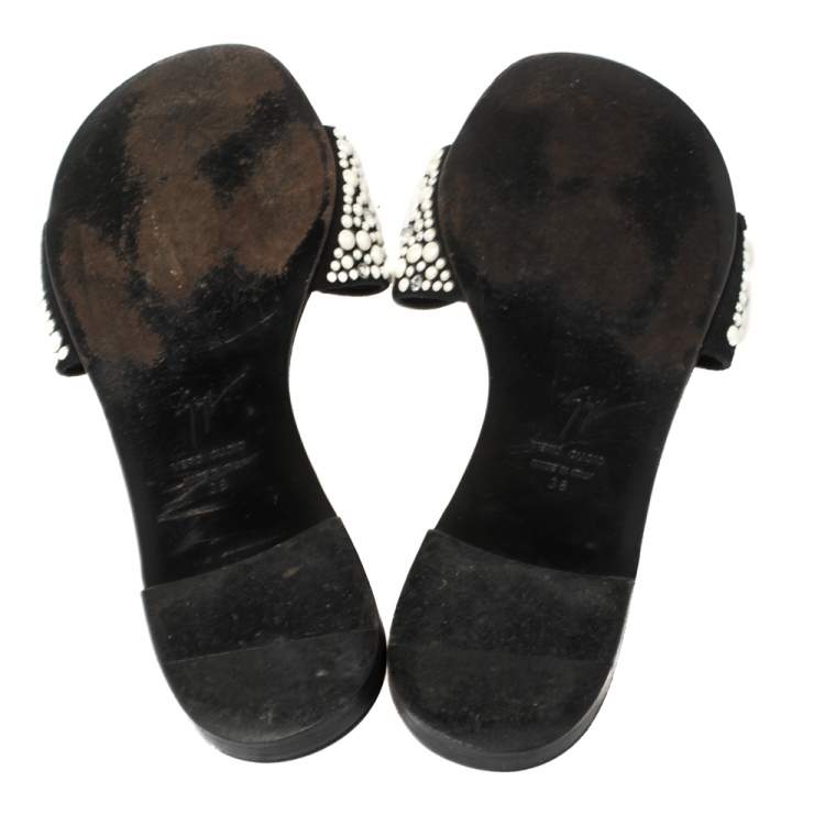 Pre Owned  Giuseppe Zanotti Black Suede Pearl Embellished Flat Slides Size 38
