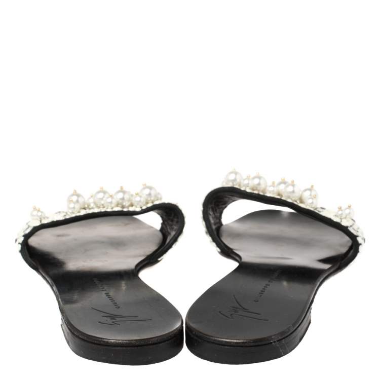 Pre Owned  Giuseppe Zanotti Black Suede Pearl Embellished Flat Slides Size 38