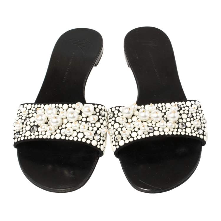 Pre Owned  Giuseppe Zanotti Black Suede Pearl Embellished Flat Slides Size 38