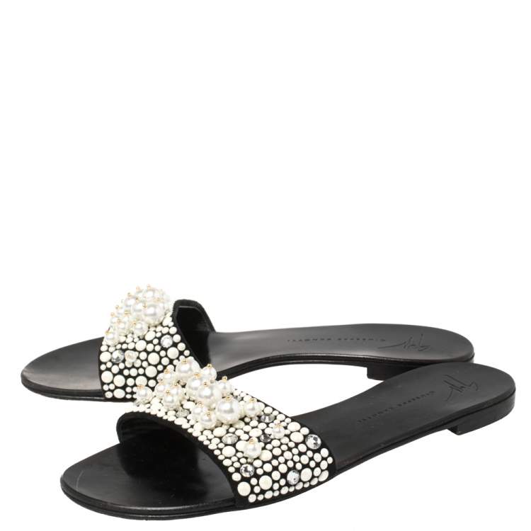 Pre Owned  Giuseppe Zanotti Black Suede Pearl Embellished Flat Slides Size 38