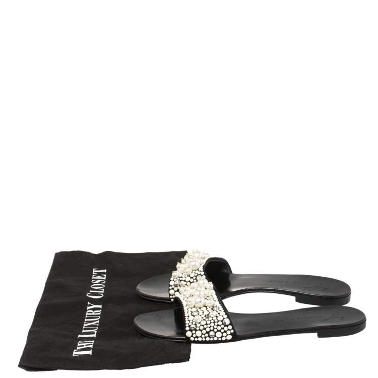 Pre Owned  Giuseppe Zanotti Black Suede Pearl Embellished Flat Slides Size 38
