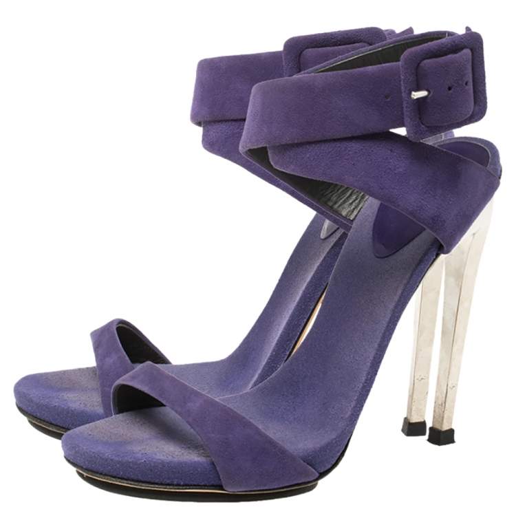 Pre Owned Giuseppe Zanotti Blue Suede Metal Heel Ankle Wrap Open Toe Sandals Size 36 
