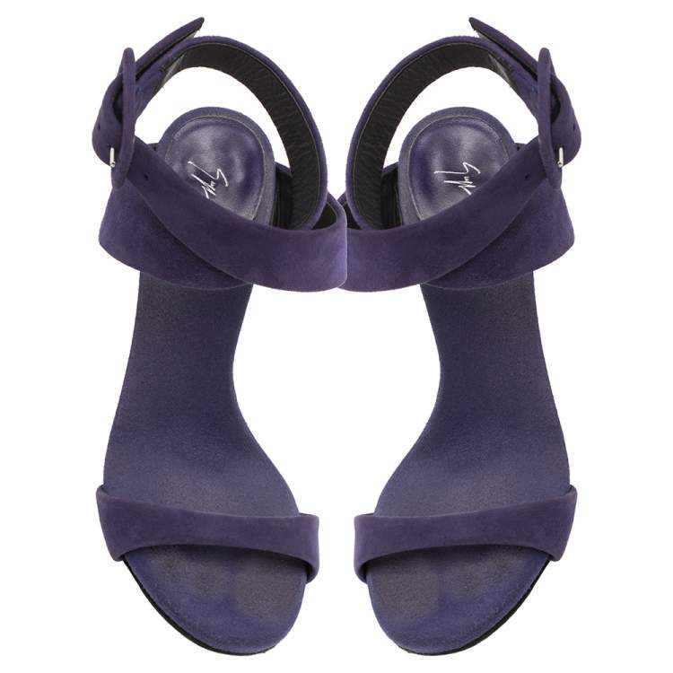 Pre Owned Giuseppe Zanotti Blue Suede Metal Heel Ankle Wrap Open Toe Sandals Size 36 