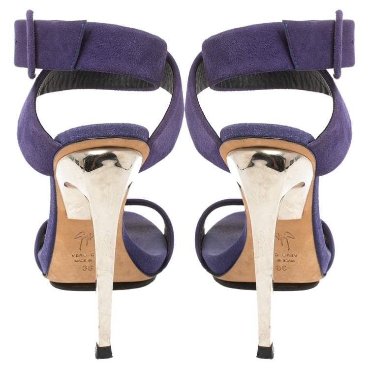 Pre Owned Giuseppe Zanotti Blue Suede Metal Heel Ankle Wrap Open Toe Sandals Size 36 