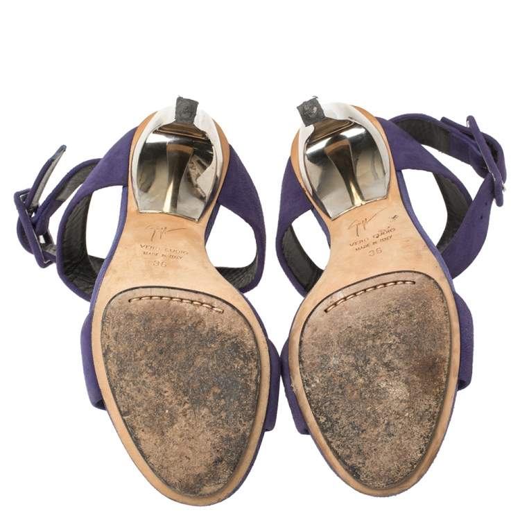 Pre Owned Giuseppe Zanotti Blue Suede Metal Heel Ankle Wrap Open Toe Sandals Size 36 