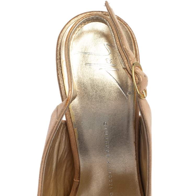 Pre Owned Giuseppe Zanotti Rose Gold Iridescent Leather Peep toe Sling Back Pumps Size 36.5
