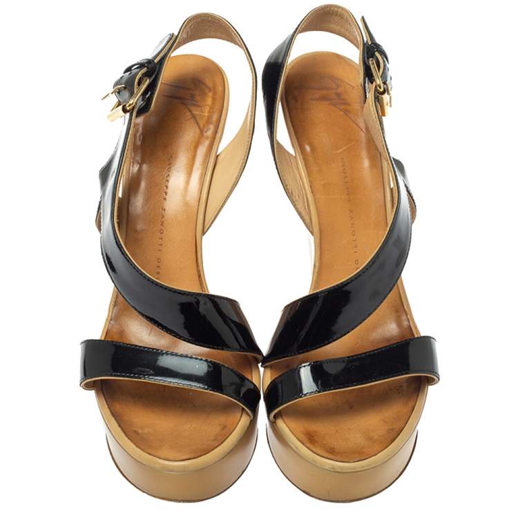 Pre Owned Giuseppe Zanotti Black Patent Leather Lucite Wedge Heels Sandals Size 38