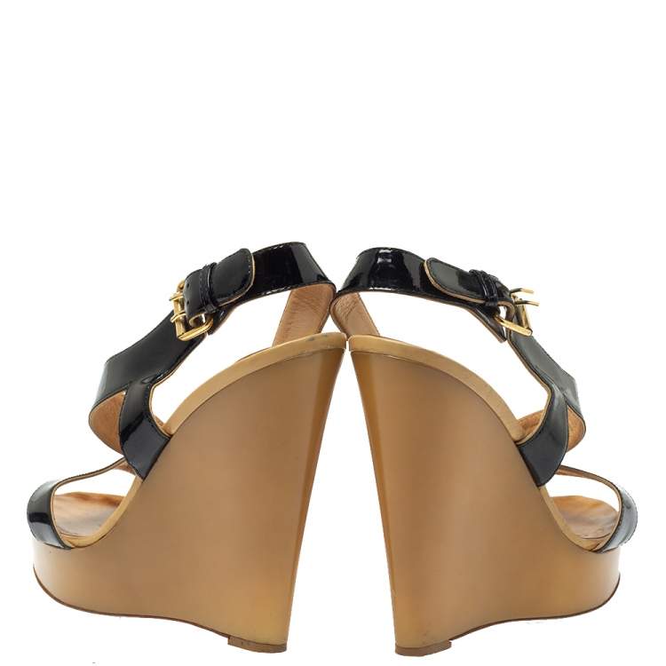 Pre Owned Giuseppe Zanotti Black Patent Leather Lucite Wedge Heels Sandals Size 38