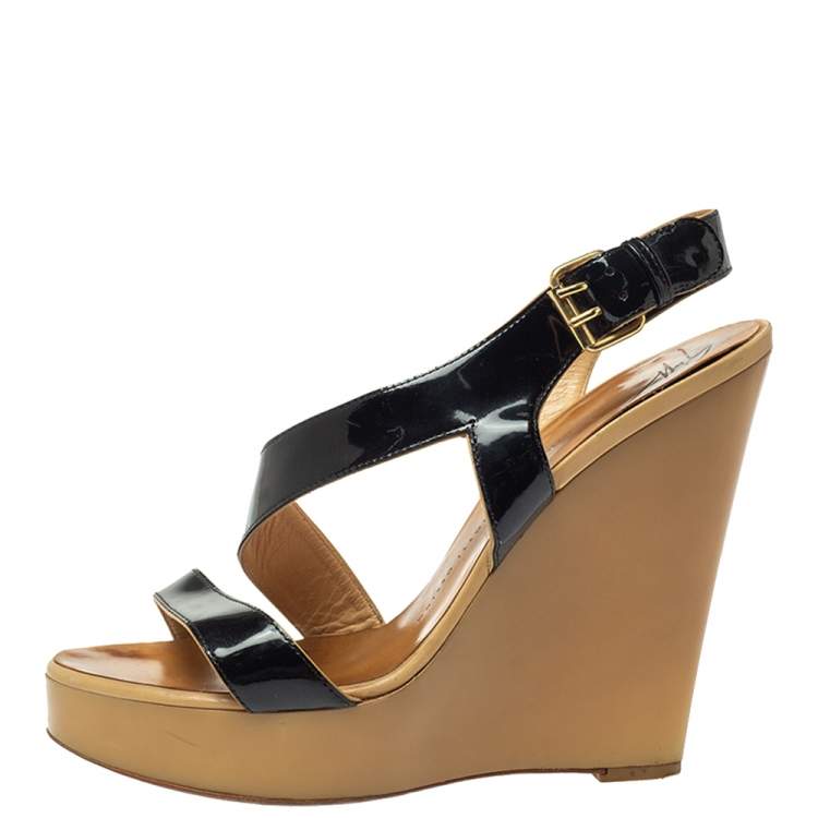 Pre Owned Giuseppe Zanotti Black Patent Leather Lucite Wedge Heels Sandals Size 38