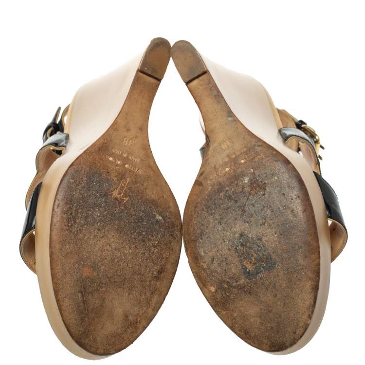 Pre Owned Giuseppe Zanotti Black Patent Leather Lucite Wedge Heels Sandals Size 38